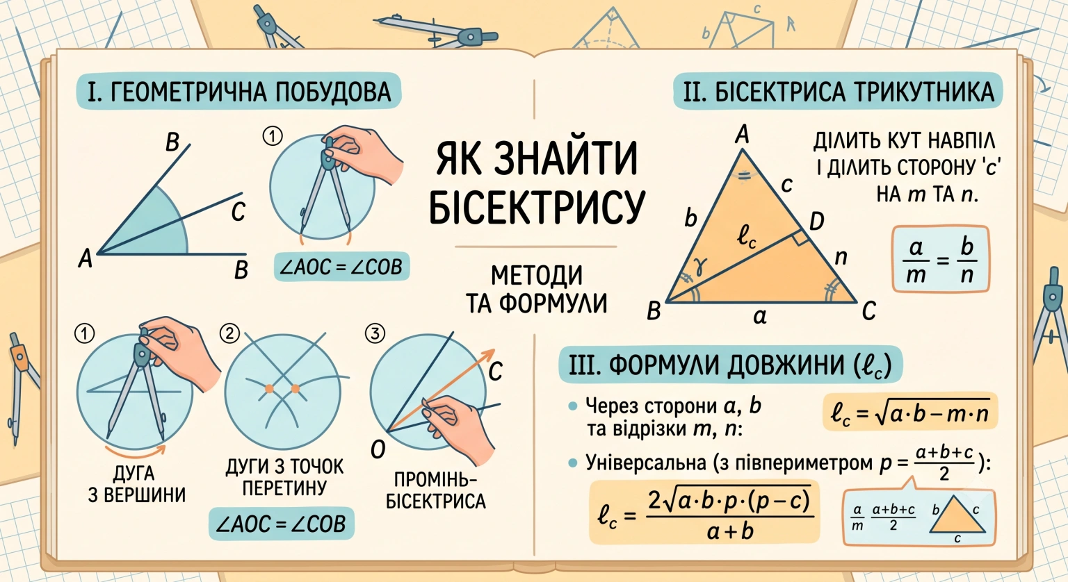 Математичний гайд: як знайти бісектрису в прямокутному чи рівнобедреному трикутнику